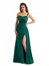 Sexy Mermaid Ruched Asymmetric Straps Side Slit Silky Satin Maxi Ladies Evening Gowns