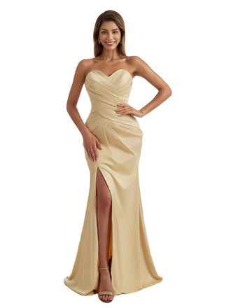 Gorgeous Strapless Mermaid Pleated Silky Satin Long Bridesmaid Dresses Slit Sweetheart