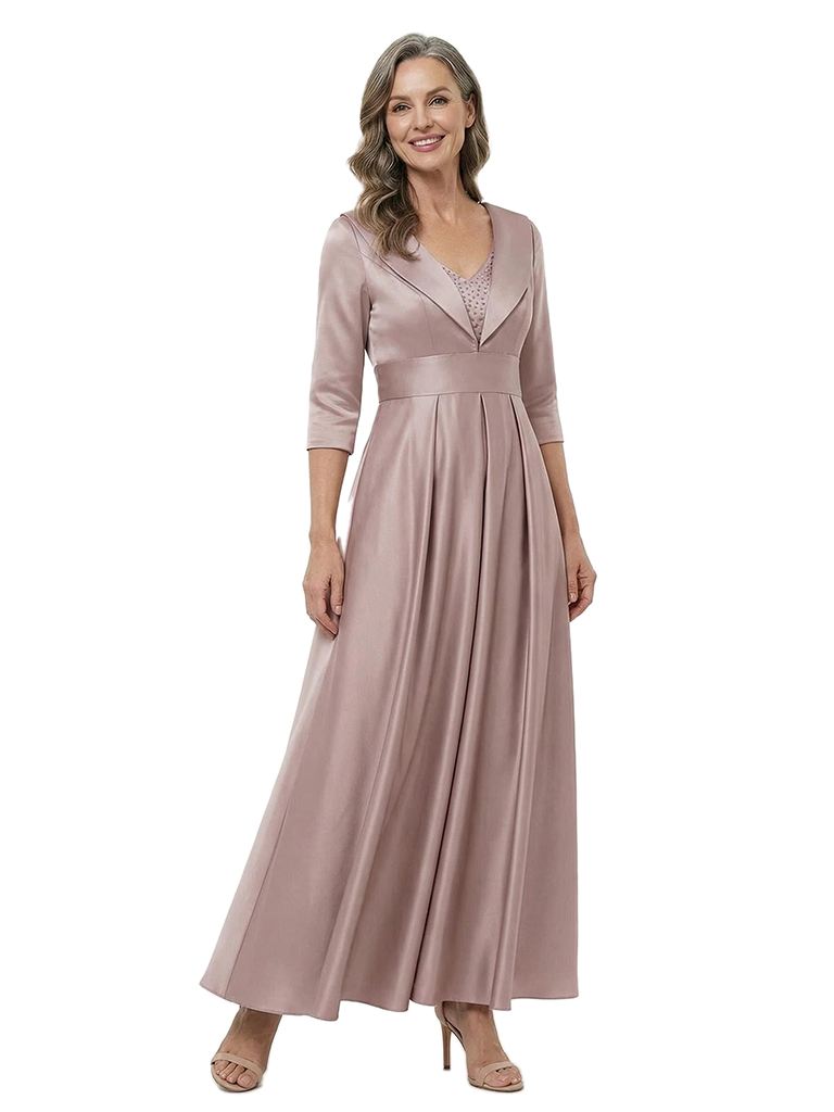 ChicSew V-Neck Long Sleeve Soft Satin A-Line Ankle-Length Mother of the Bride Dresses