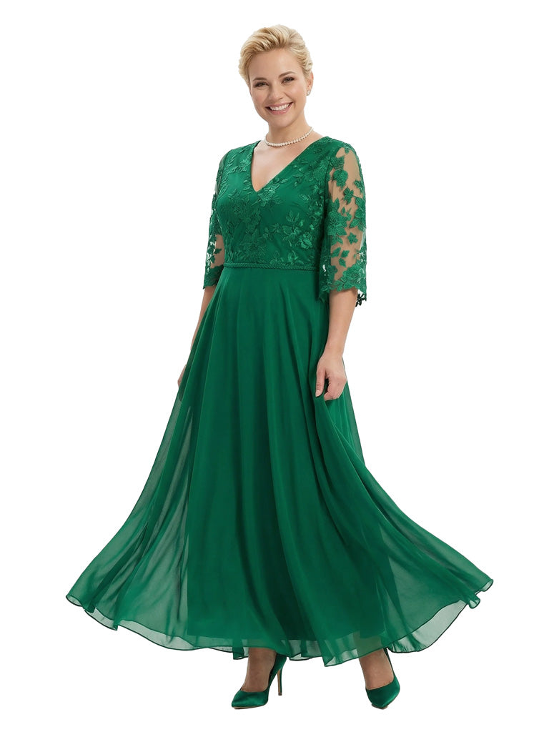 Modern Plus Size A-Line V-Neck Half Sleeves Mother Of The Bride Dress Chiffon Gown