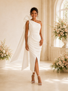 ChicSew Elegant One Shoulder Crepe Sheath Side Slit Ruched Tea-Length Wedding Dress With Oversized Bow