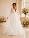 ChicSew Elegant A-Line V-Neck Long Sleeves Tulle Maxi Wedding Dress With Lace Appliques