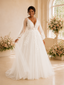ChicSew Elegant A-Line V-Neck Long Sleeves Tulle Maxi Wedding Dress With Lace Appliques