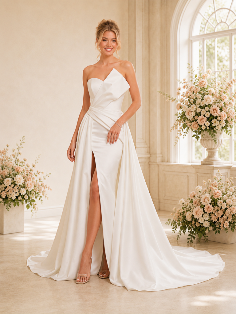 ChicSew Morden Strapless Satin Side Slit Mermaid Floor-Length Wedding Dress With Overskirt
