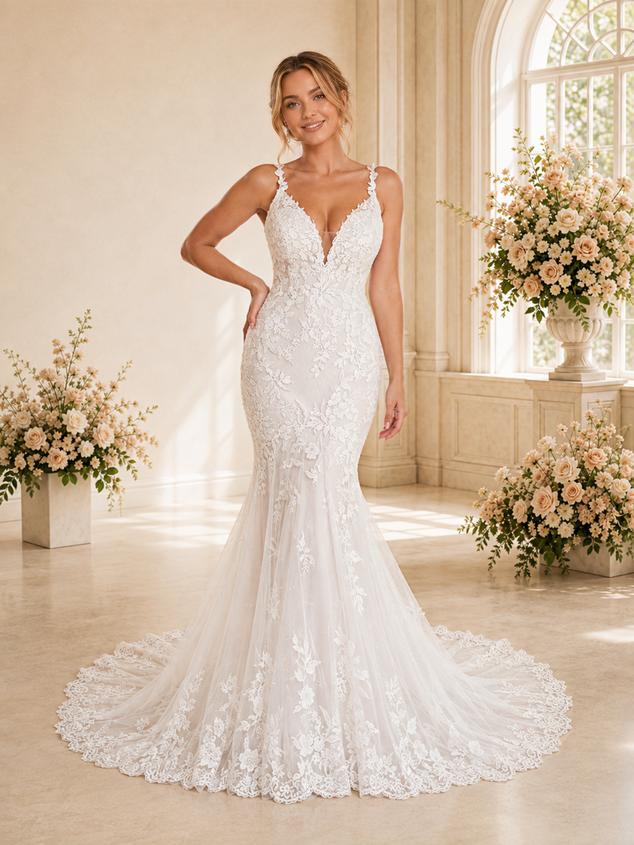 ChicSew Romantic Spaghetti Straps V-Neck Tulle Lace Appliques Floor-Length Wedding Dress