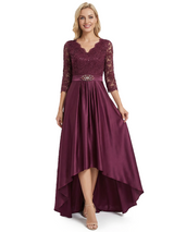 Chicsew Elegant Mother Of The Bride Dress V-Neck 3/4 Sleeve Lace Satin High-Low Gown