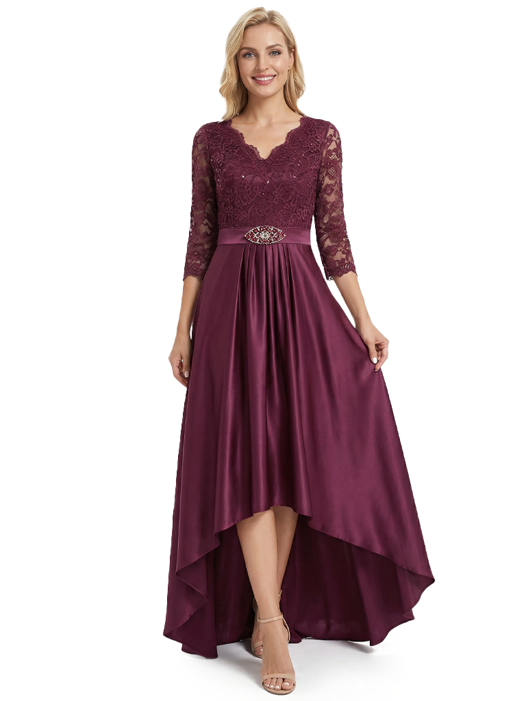 Chicsew Elegant Mother Of The Bride Dress V-Neck 3/4 Sleeve Lace Satin High-Low Gown