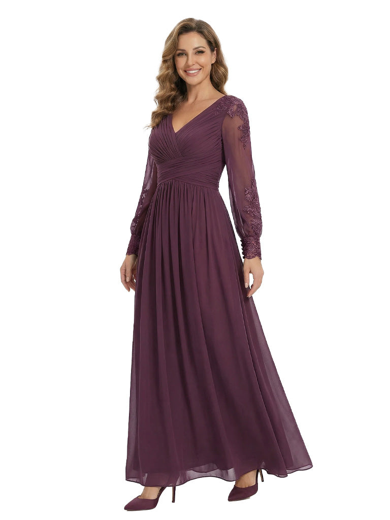 Classy V-Neck Long Sleeves A-Line Lace Appliques Chiffon Mother Of The Bride Dress