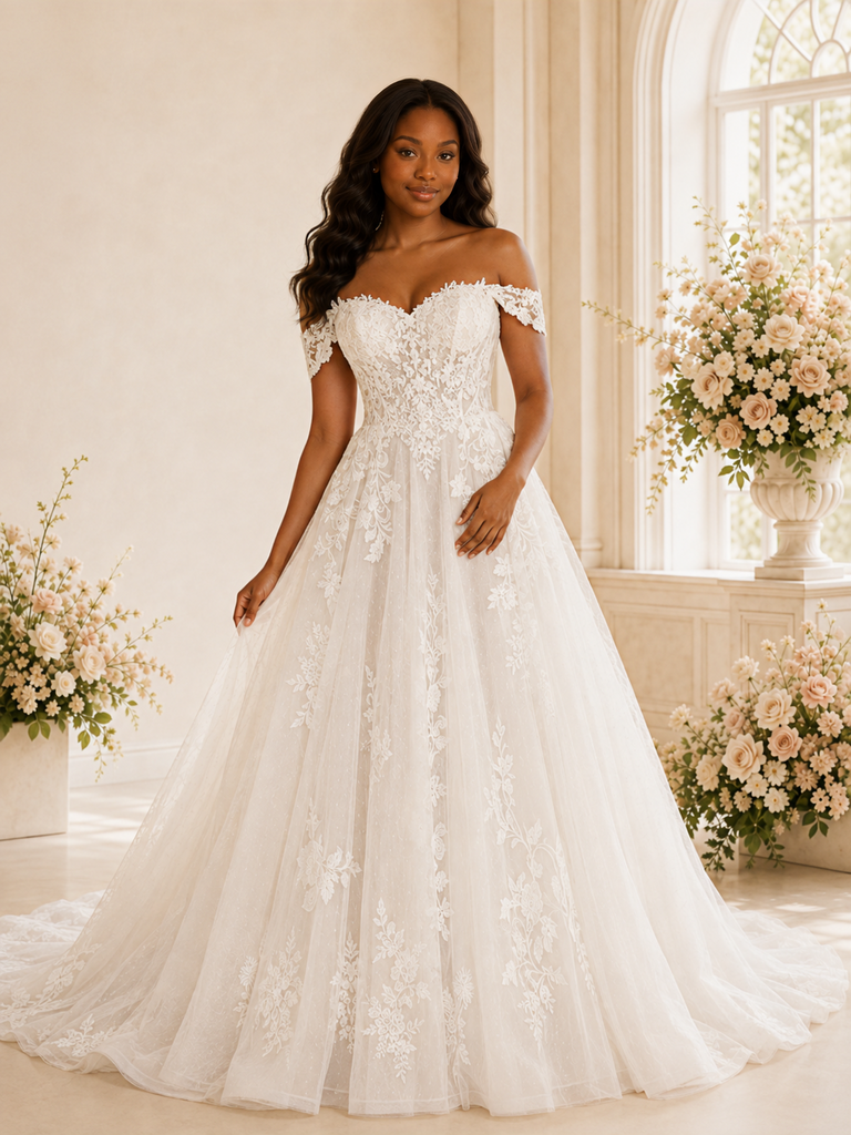 ChicSew Romantic A-Line Off The Shoulder Glitter Tulle Lace Appliques Maxi Wedding Dress