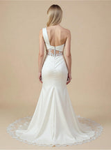 Mermaid One Shoulder Sleeveless Maxi Long Satin Wedding Dresses Online