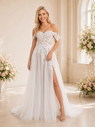 ChicSew Elegant A-Line Off The Shoulder Lace Tulle Long Wedding Dresses With Side Slit