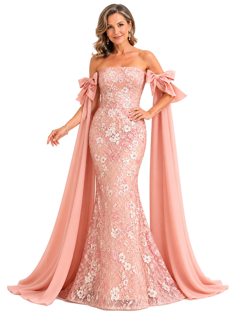 ChicSew Fancy Strapless Lace Mermaid Mother Of The Bride Dress With Chiffon Cape