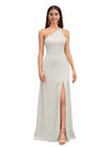 Elegant One Shoulder A-Line Side Slit Soft Satin Long Bridesmaid Dresses