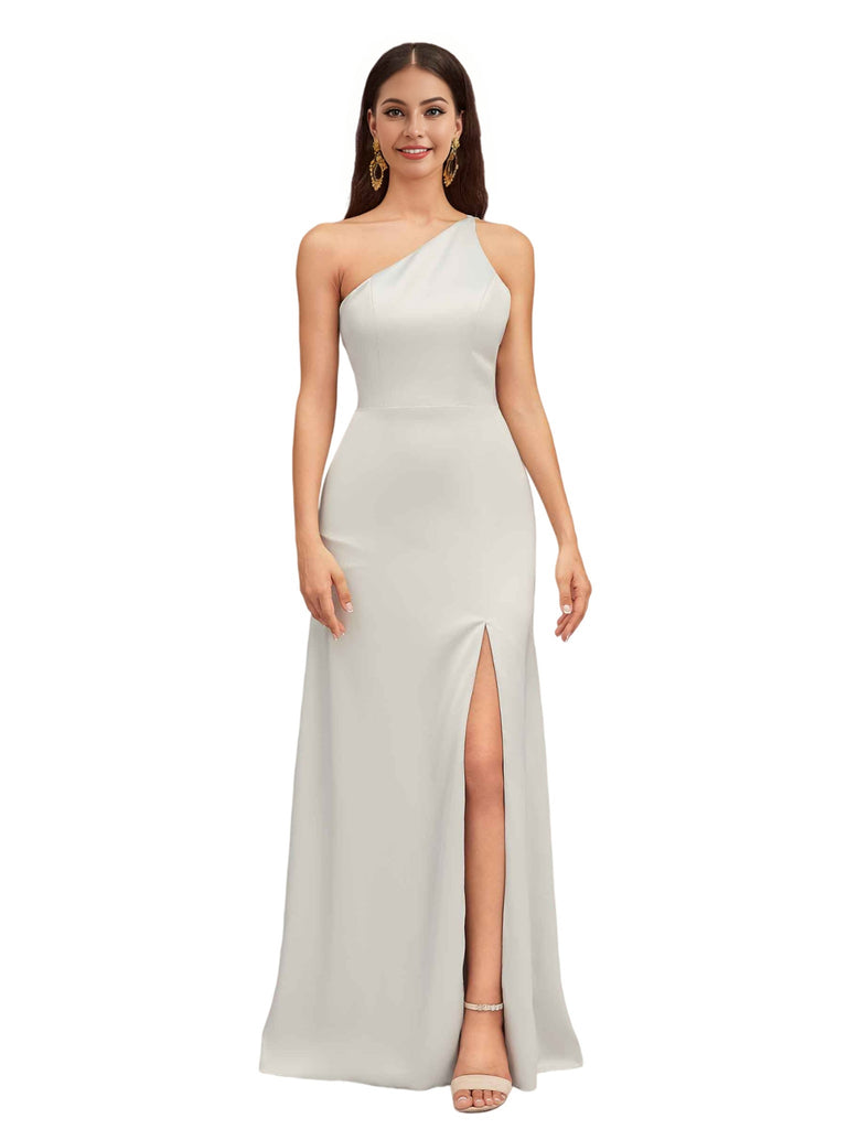 Elegant One Shoulder A-Line Side Slit Soft Satin Long Bridesmaid Dresses