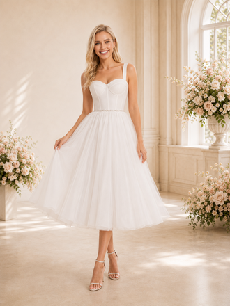 ChicSew A-line Sweetheart Boning Midi Lace Tulle Short Wedding Dresses Online