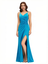 Sexy V-Neck Mermaid Jersey Long Formal Dresses For Women Spaghetti Straps Side Slit