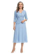 ChicSew Square Neck Lace & Chiffon Mother of The Bride Two Piece Tea-Length Dress with 3/4 Sleeves Jacket