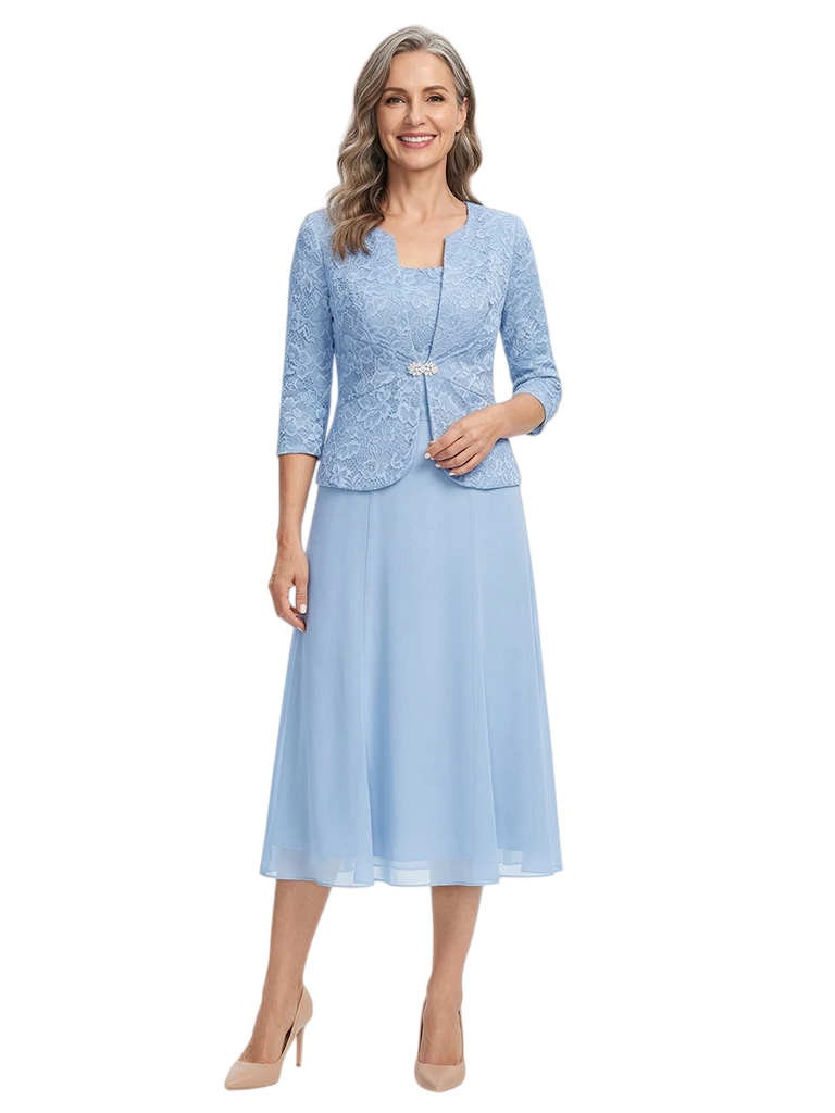 ChicSew Square Neck Lace & Chiffon Mother of The Bride Two Piece Tea-Length Dress with 3/4 Sleeves Jacket