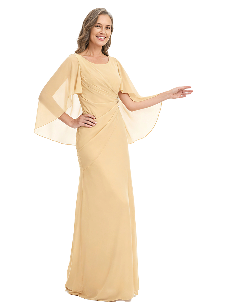 ChicSew Scoop Cape Sleeve Ruched Bodice Rhinestone Detail Floor Length Chiffon Fancy Mother of the Bride Dresses