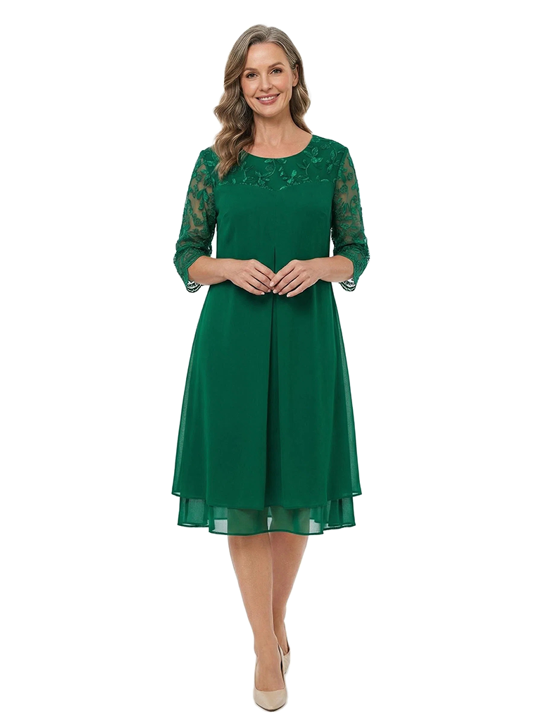 ChicSew A-Line Modern 3/4 Sleeves Chiffon Mother Of The Groom Dress With Lace Applique Knee Length