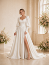 ChicSew Fancy Sweetheart A-Line Satin Long Sleeves Maxi Wedding Dress With Side Slit
