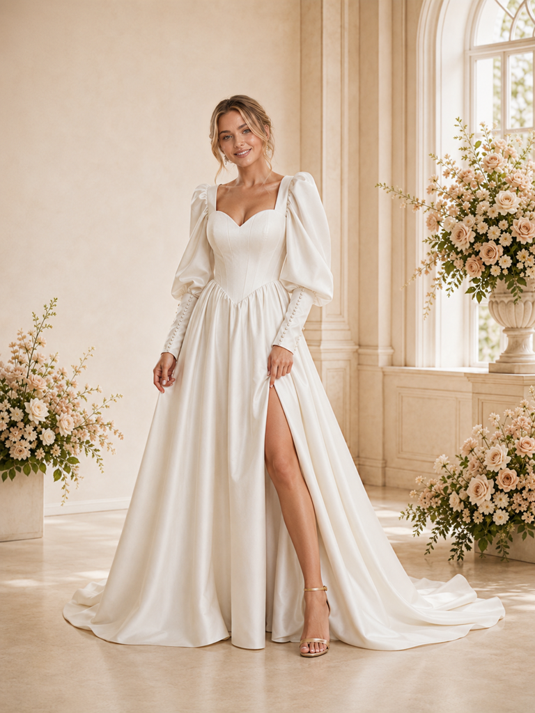 ChicSew Fancy Sweetheart A-Line Satin Long Sleeves Maxi Wedding Dress With Side Slit