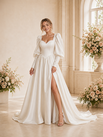 ChicSew Fancy Sweetheart A-Line Satin Long Sleeves Maxi Wedding Dress With Side Slit