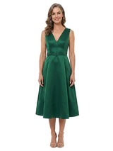 ChicSew V-Neck Sleeveless Belted Satin Tea Length A-Line Mother of the Bride Dress