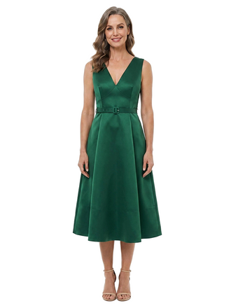 ChicSew V-Neck Sleeveless Belted Satin Tea Length A-Line Mother of the Bride Dress