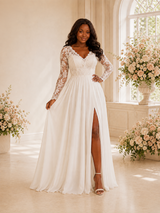 ChicSew Elegant V-Neck Side Slit Lace Appliques Chiffon Maxi A-Line Wedding Dress