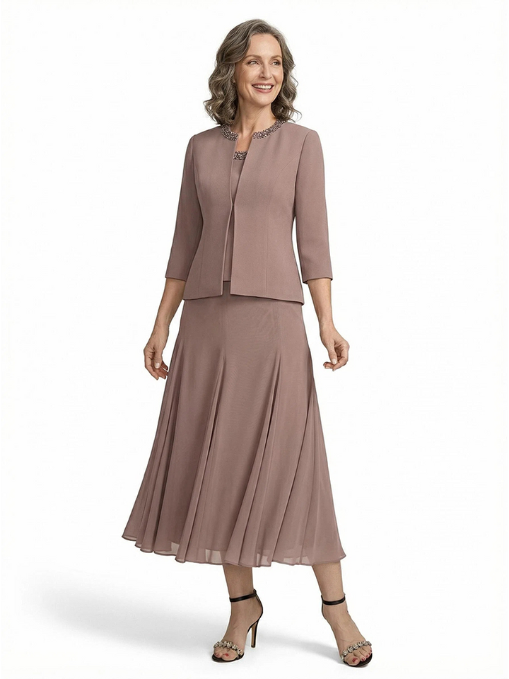 ChicSew Chiffon A-Line Short Mother Of The Groom Dress With Jacket Beaded Neckline