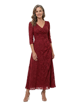 Chicsew Elegant V-Neck 3/4 Sleeves Floral Burnout Chiffon A-line Formal Mother of Bride Dress