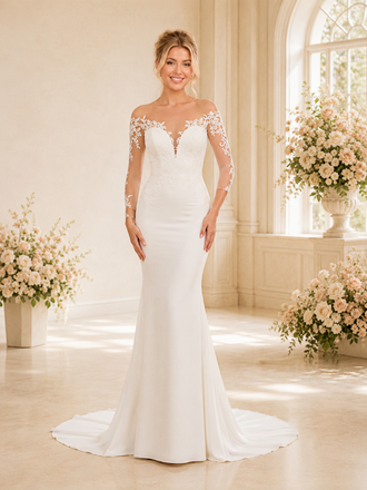 ChicSew Elegant Fancy Illusion Long Sleeves Crepe Mermaid Long Wedding Dresses With Lace Appliques