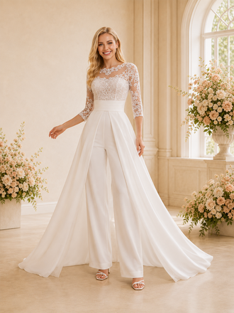 ChicSew Modern Illusion 3/4 Sleeves Chiffon Lace Applique Floor-Length Wedding Jumpsuit With Detachable Overlay