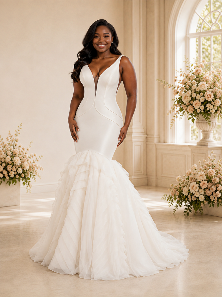 ChicSew Modern Deep V-Neck Spaghetti Straps Satin Tulle Maxi Mermaid Wedding Dress