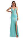 Sexy Mermaid Lace Silky Satin Spaghetti Straps Unique Long Bridesmaid Dresses Side Slit