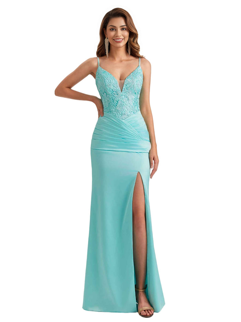 Sexy Mermaid Lace Silky Satin Spaghetti Straps Unique Long Bridesmaid Dresses Side Slit