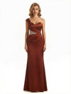 Elegant One Shoulder Lace Applique Ruched Satin Mermaid Maxi Evening Gown Dresses For Women