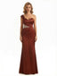 Elegant One Shoulder Lace Applique Ruched Satin Mermaid Maxi Evening Gown Dresses For Women