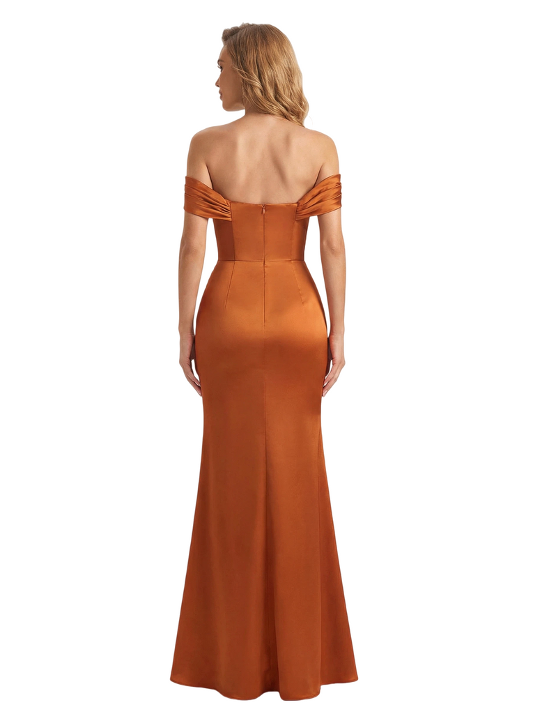 Sexy Off The Shoulder V-Neck Mermaid Silky Satin Long Formal Dresses Side Slit