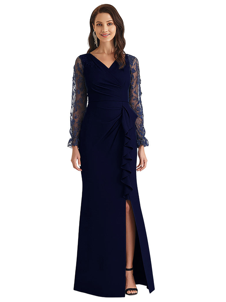 Elegant Mermaid V-neck Crepe Long Sleeves Mother of the Brides Dresses