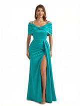 Sexy Mermaid Cap Sleeves Silky Satin Maxi Evening Dresses For Ladies Side Slit