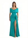 Sexy Mermaid Cap Sleeves Silky Satin Maxi Evening Dresses For Ladies Side Slit