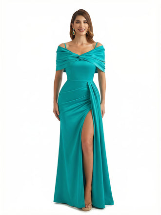 Sexy Mermaid Cap Sleeves Silky Satin Maxi Evening Dresses For Ladies Side Slit
