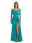 Sexy Mermaid Cap Sleeves Silky Satin Maxi Evening Dresses For Ladies Side Slit