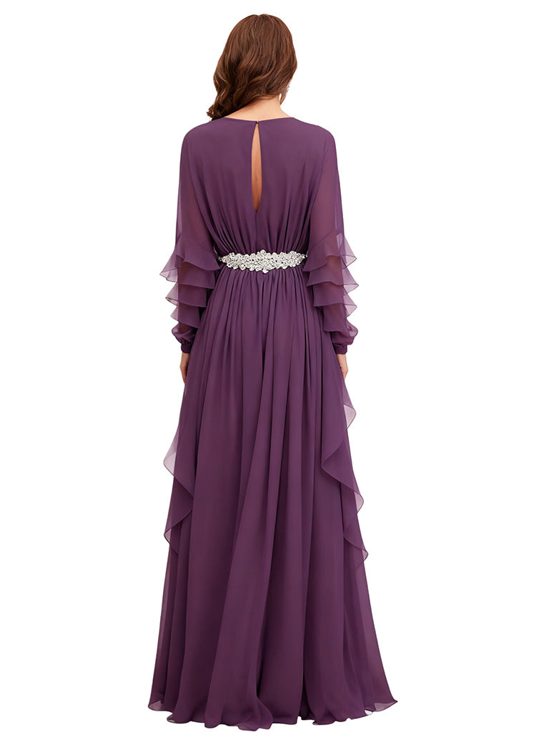 Elegant Scoop Long Sleeves Chiffon A-line Long Mother of The Bride Dresses
