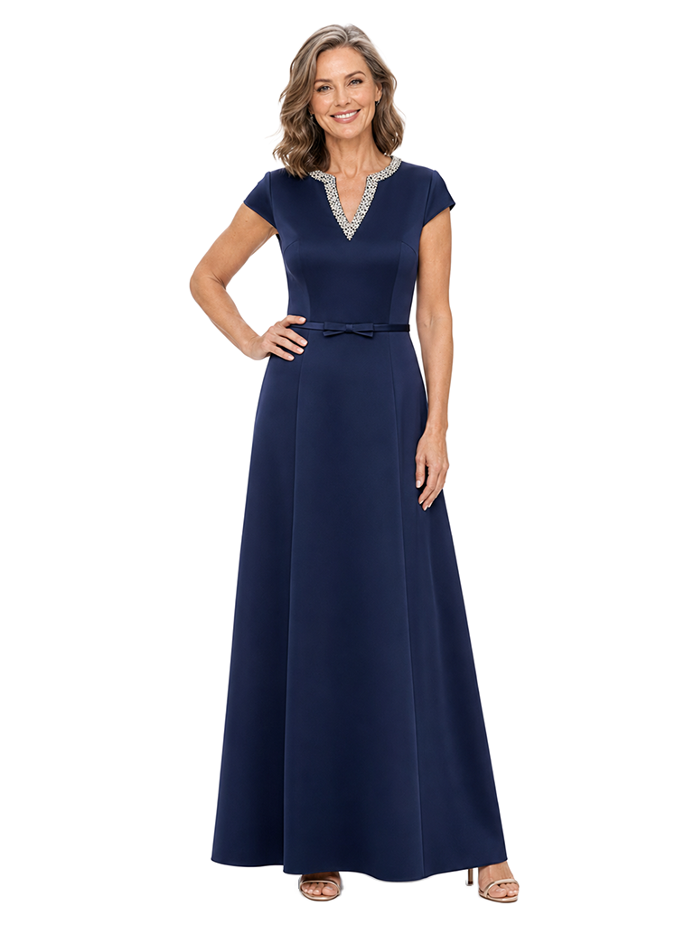ChicSew Fancy Cap Sleeve V-Neck Beaded Satin A-Line Floor Length Formal Mother Of The Bride Gown