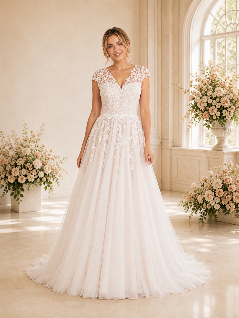 ChicSew Fancy Cap Sleeves V-Neck Lace Tulle Long A-Line Wedding Dress