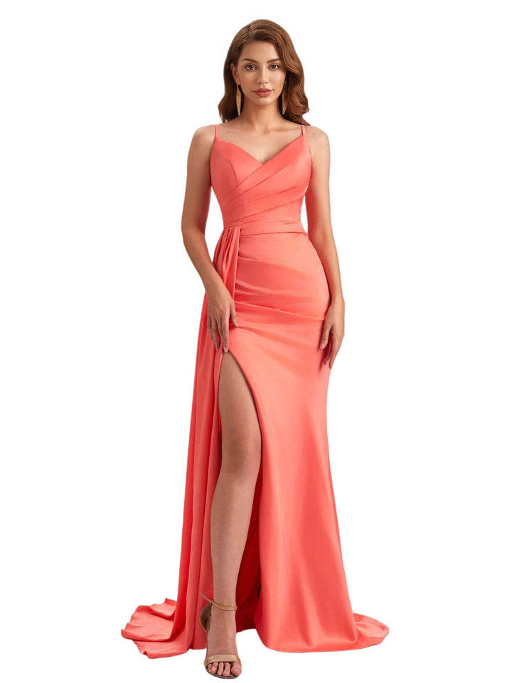Elegant Silky Satin V-Neck Spaghetti Straps Mermaid Side Slit Ruched Long Bridesmaid Dresses Online