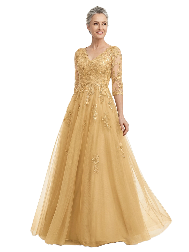 ChicSew Elegant V-Neck 3/4 Sleeves A-Line Mother Of The Bride Gown Lace Tulle Overlay